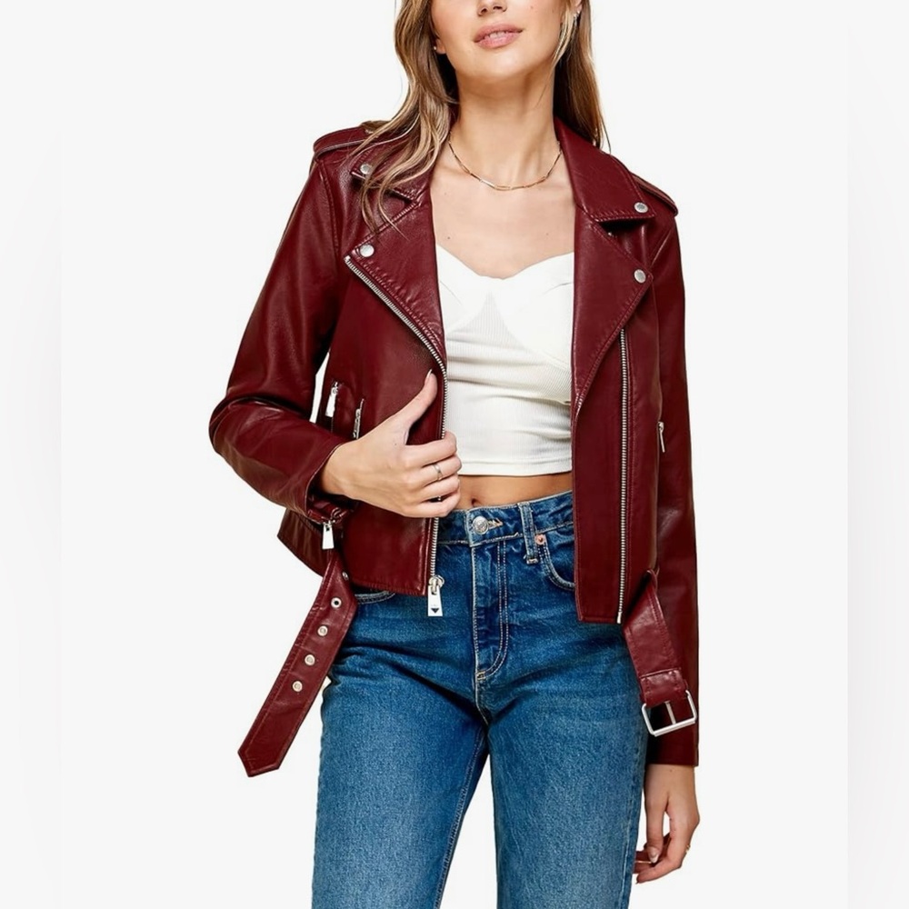 Faux Leather Zip Up Moto Biker Jacket -wine